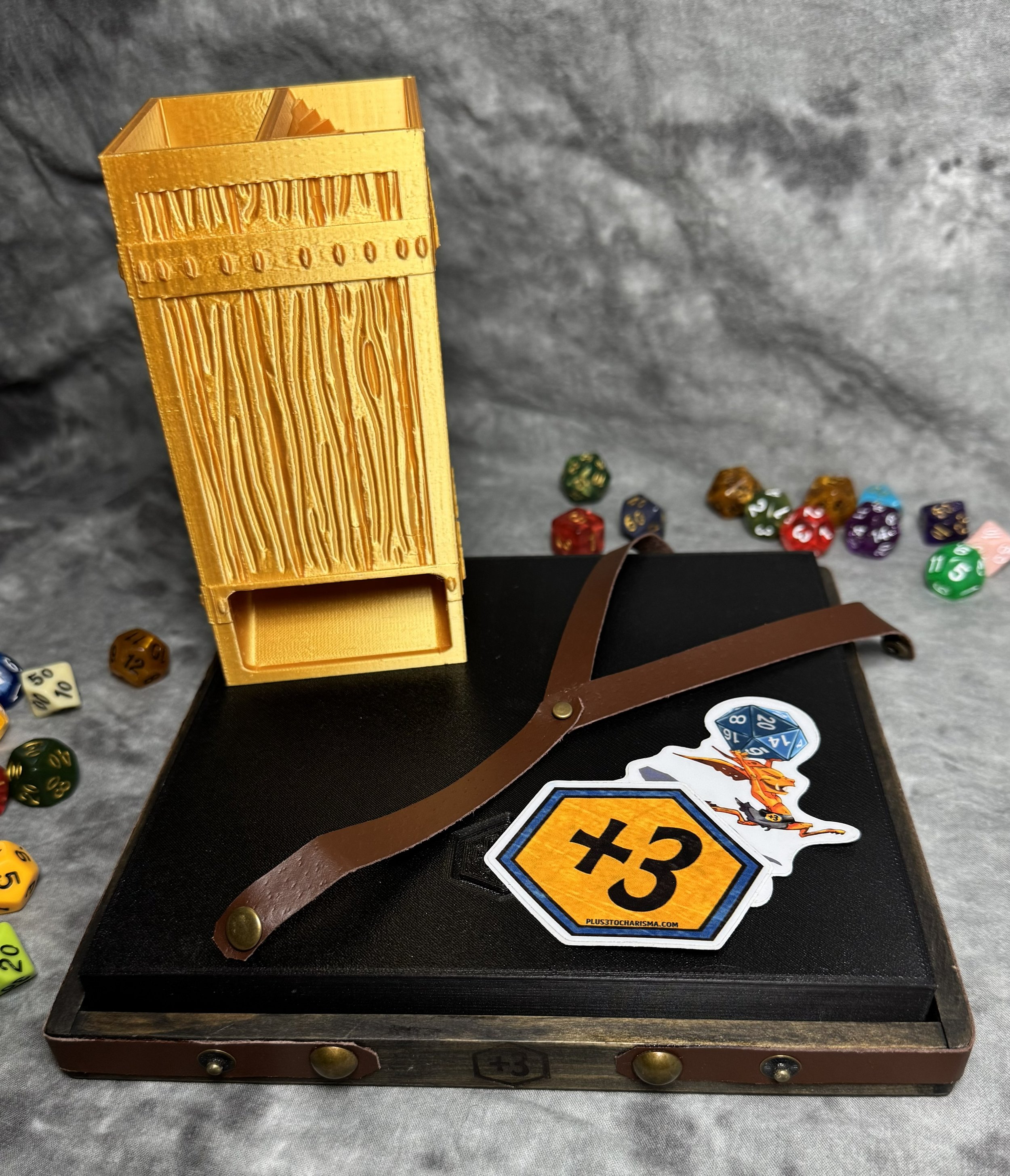 Gold 3D printed dice tower_wooden dice tray_3d printed insert_leather securing strap_free stickers_dice.jpg