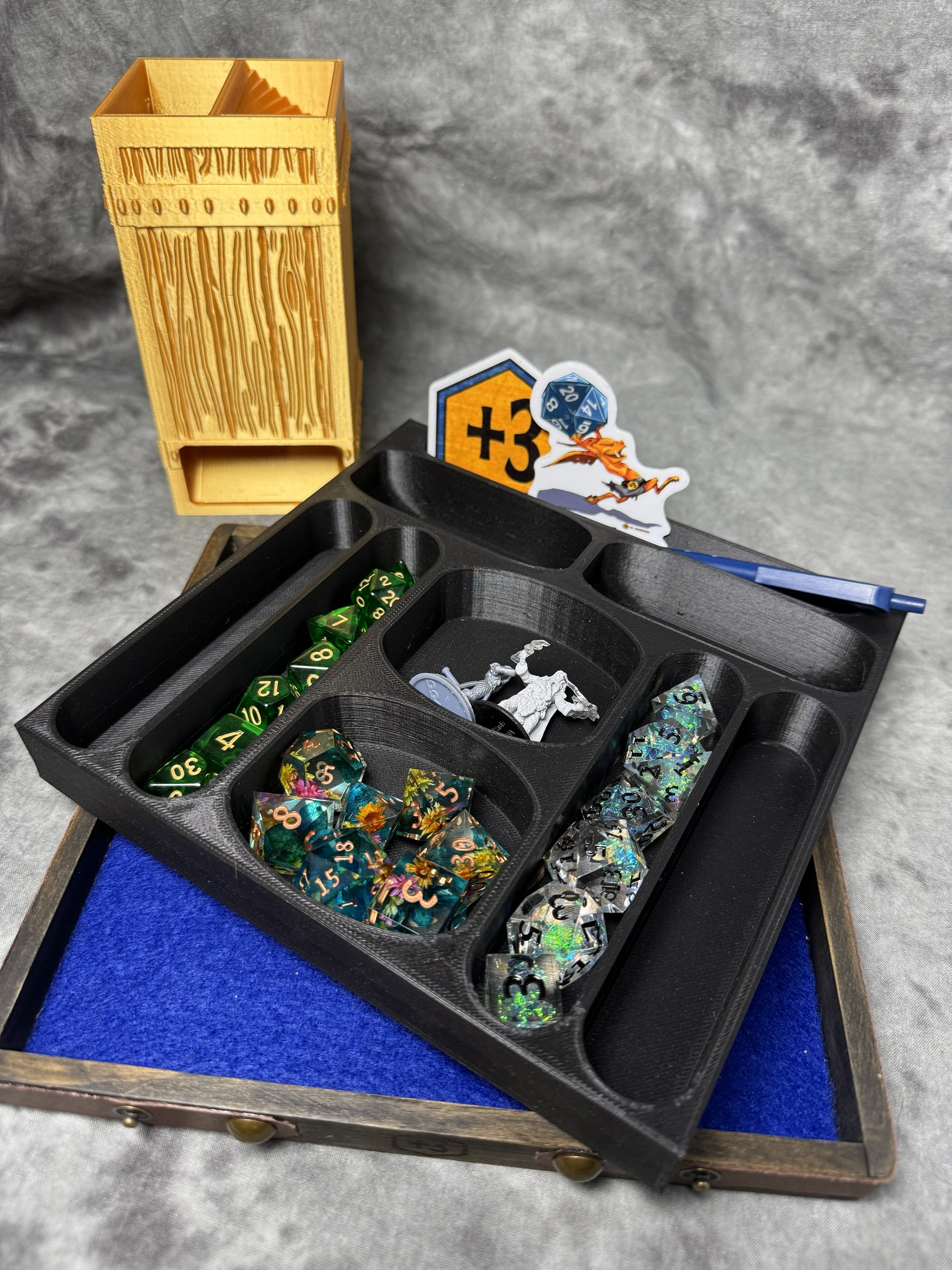 Gold 3D printed dice tower_wooden dice tray_3d printed insert_dice display_free stickers.jpg