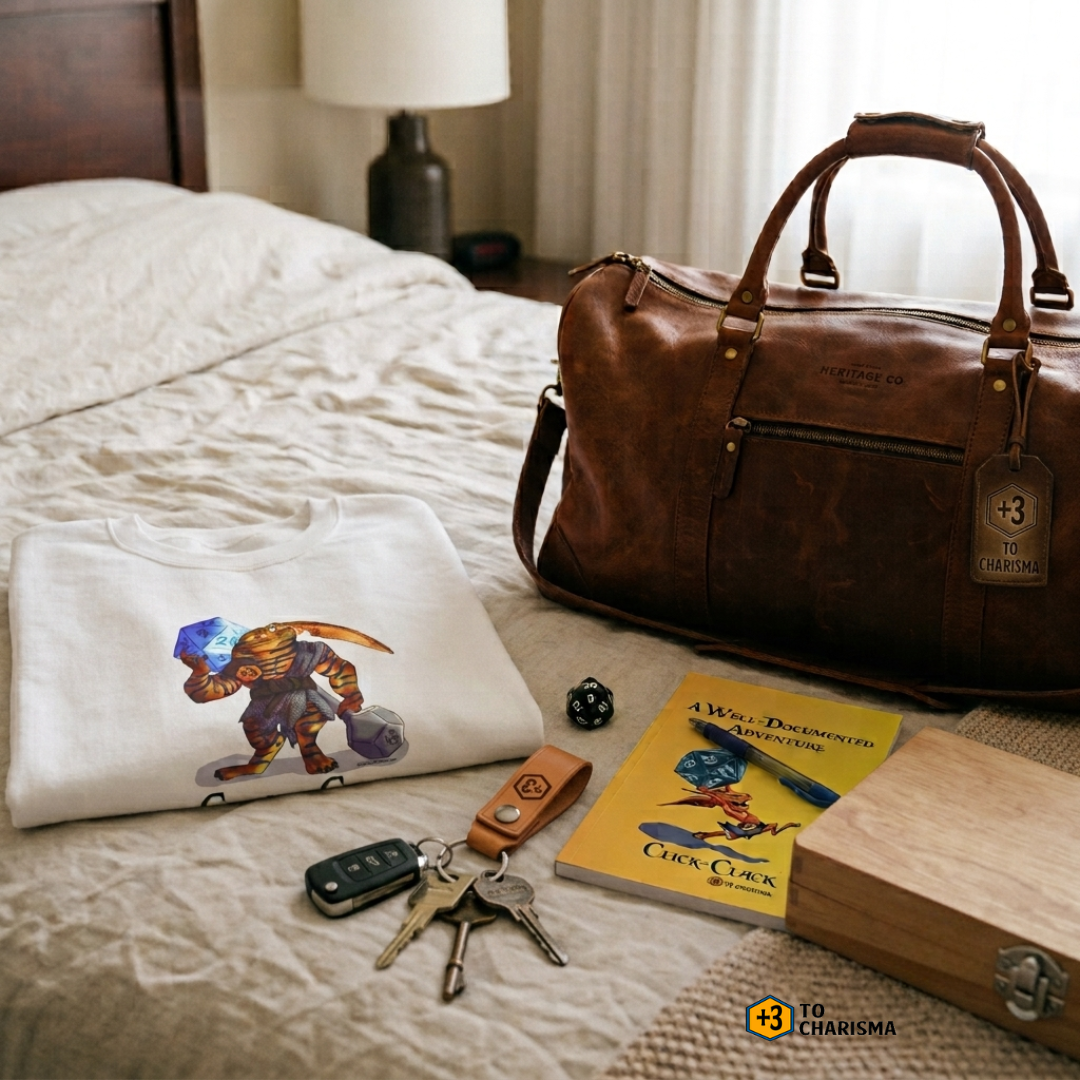 Plus 3 to charisma Gaming gear set out on a bed ready for a trip
