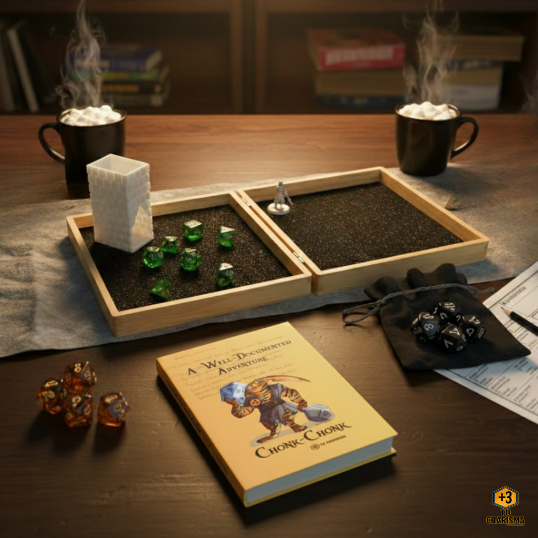 A shared dice tray with dice and cups of steaming cocoa are in a gamers library, set up and ready to play cooperatively.