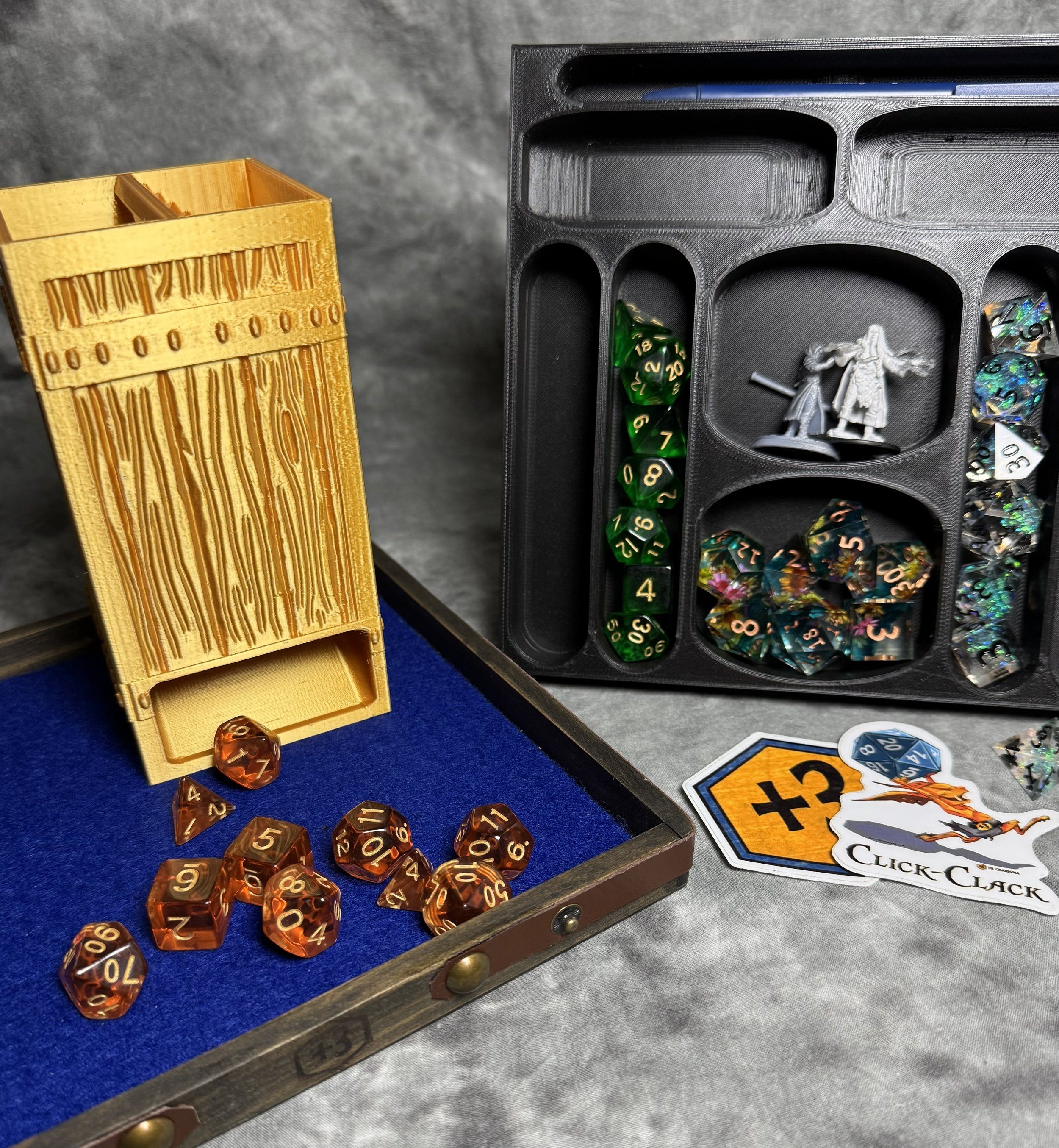 Gold 3D printed dice tower_wooden dice tray_3d printed insert_displaying items.jpg