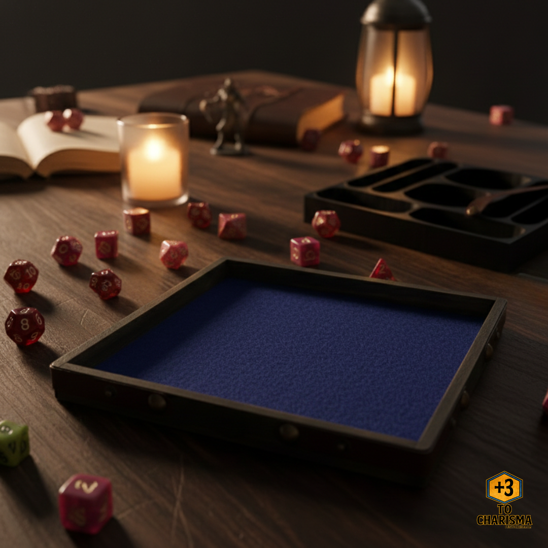 DND dice tray with dice and journals