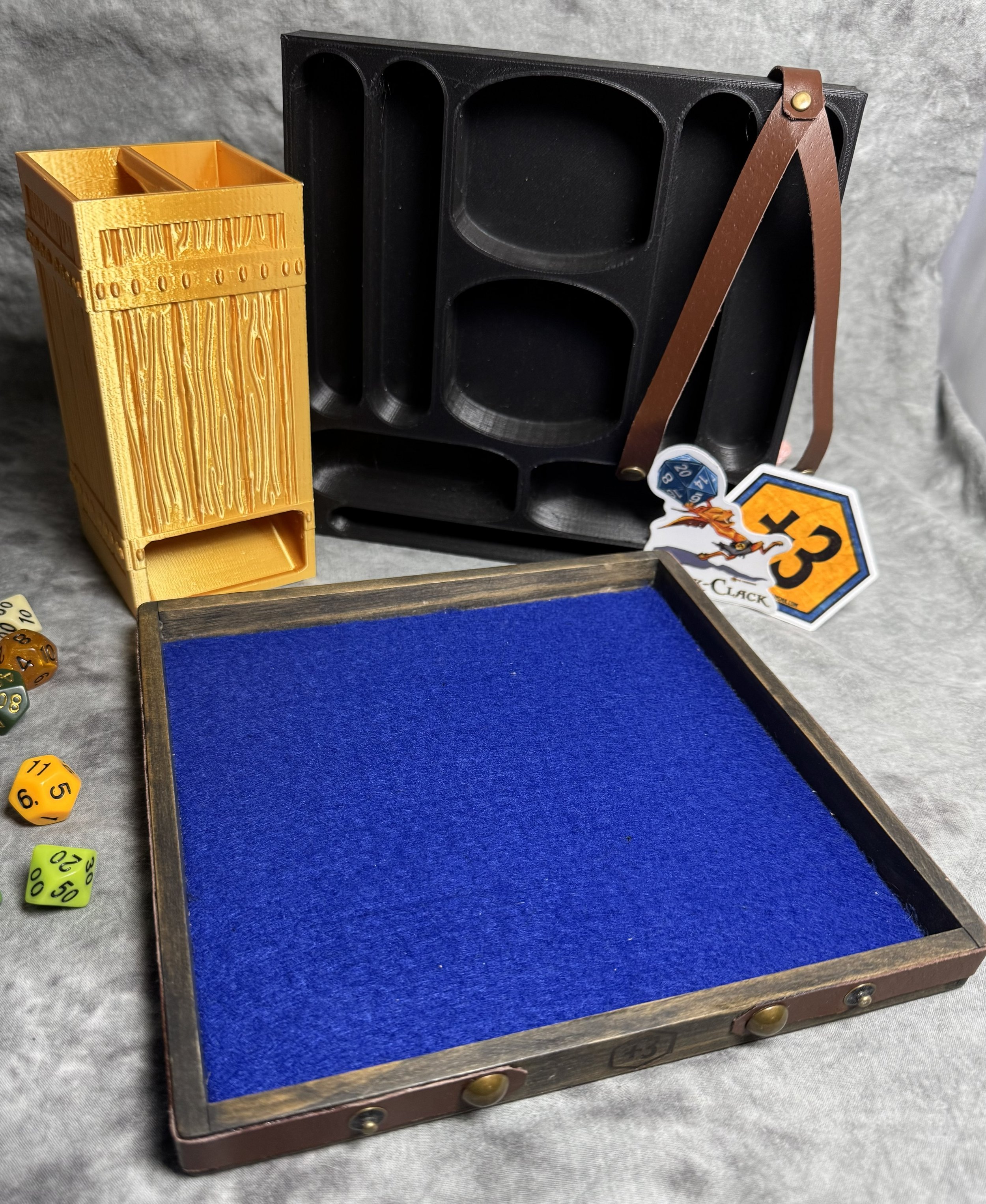 Blue Titanium 3D printed dice tower_wooden dice tray_3d printed insert_leather securing strap_free stickers.jpg