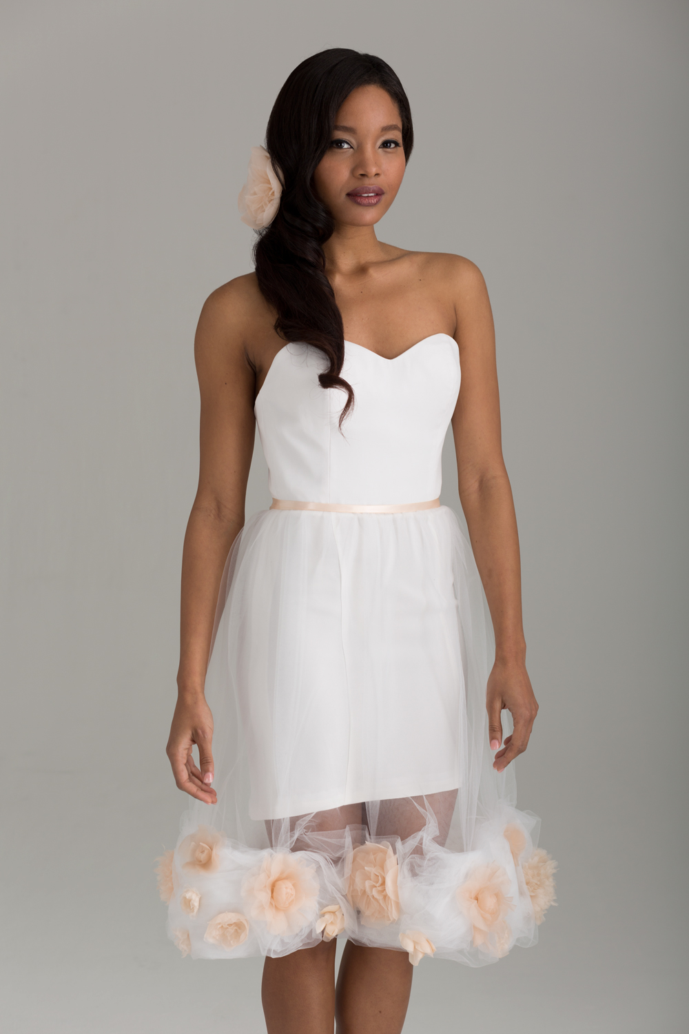 NKB17-85001 "Sofia" Corseted Mini-Dress & NKB17-83003 "Peach Camellia" Short Tulle Skirt with Satin Ribbon Waist-Tie