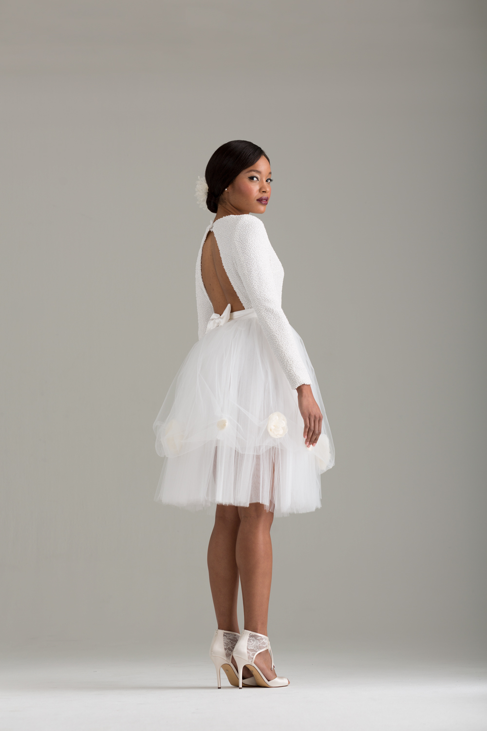    NKB17-81003    "Caryophyllales" White Beaded Top with Cut Out Back &amp;  NKB17-83002  "Peony" White Tulle Skirt  