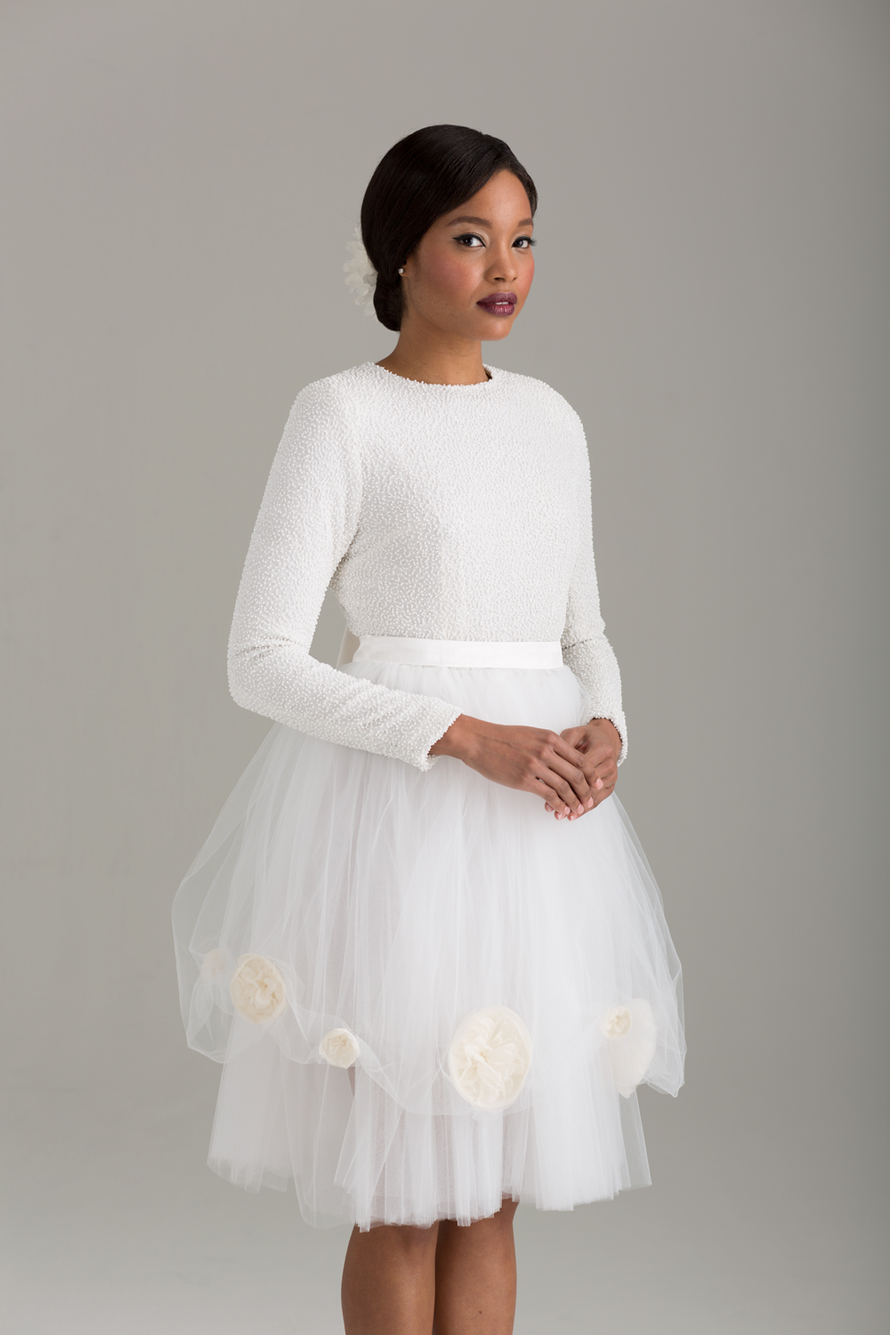    NKB17-81003    "Caryophyllales" White Beaded Top with Cut Out Back &amp;  NKB17-83002  "Peony" White Tulle Skirt  