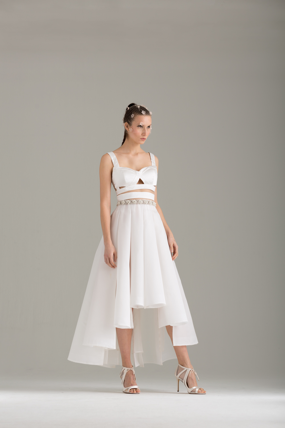    NKB17-81002    "Apoidea" Satin and Mesh Crop Top &amp;  NKB17-83006  "Magnolia" White Silk Gazar Multi Layers Pleat Skirt  