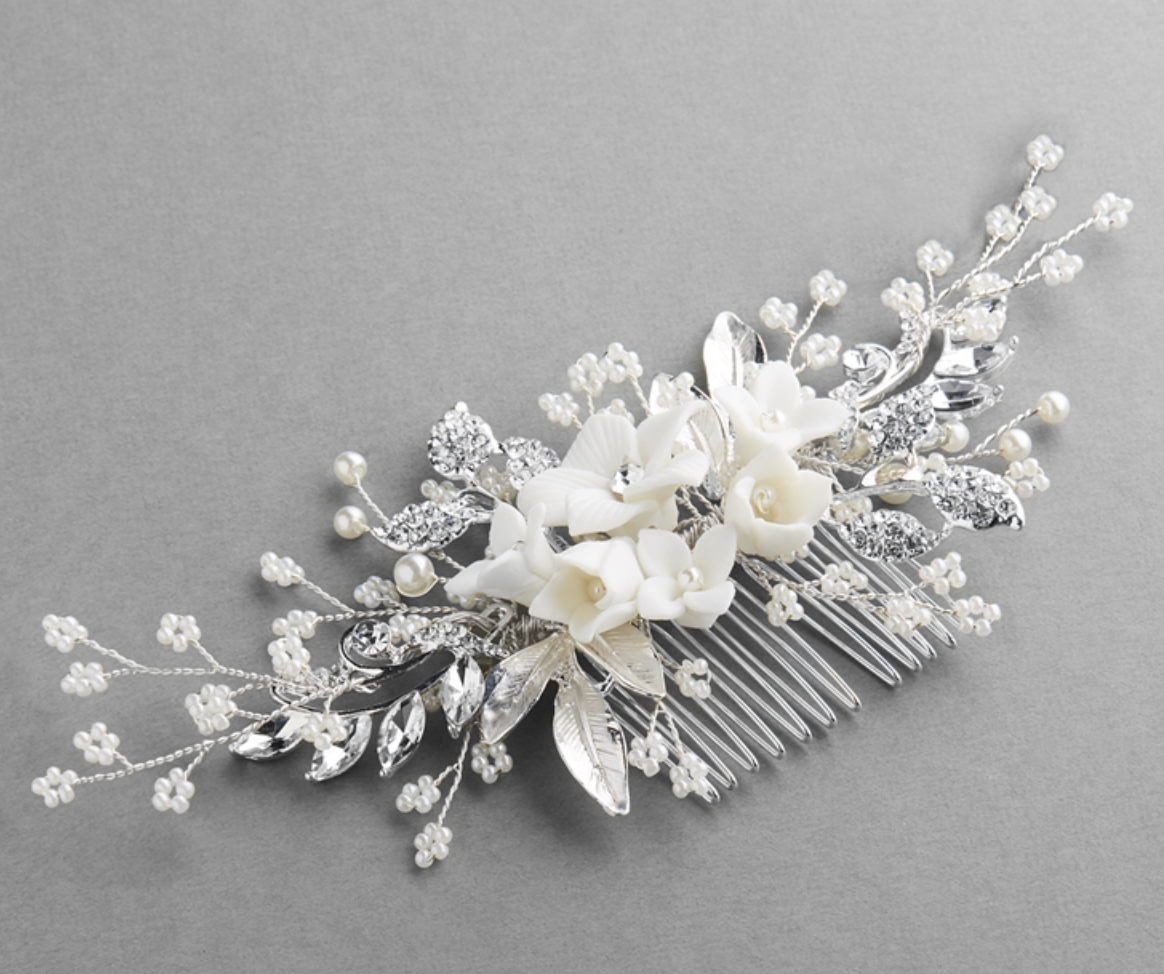 Holly - White Floral Bridal Comb with Crystals — NK Bride