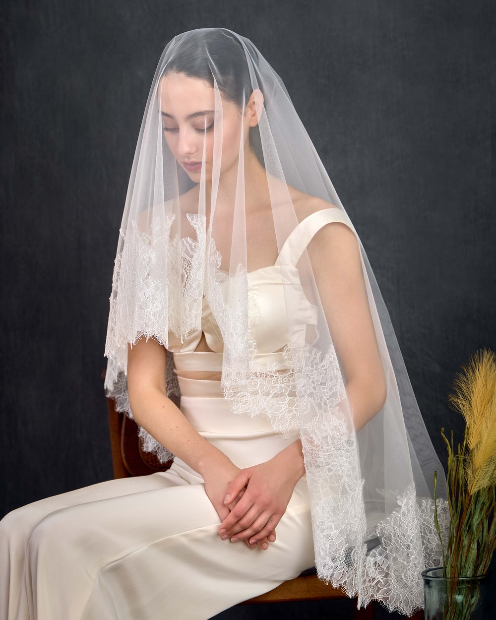 One Blushing Bride Peace - Fingertip Length Wedding Veil with Scalloped French Lace Trim White / Fingertip 38-40 inch / Beading