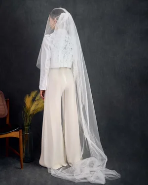 2 Tier Cathedral Wedding Veil Ribbon Edge Bridal Veil W/ Blusher White 3m Two Tier Cathedral Wedding Veil: Satin Ribbon Trim, Blusher  main image 3