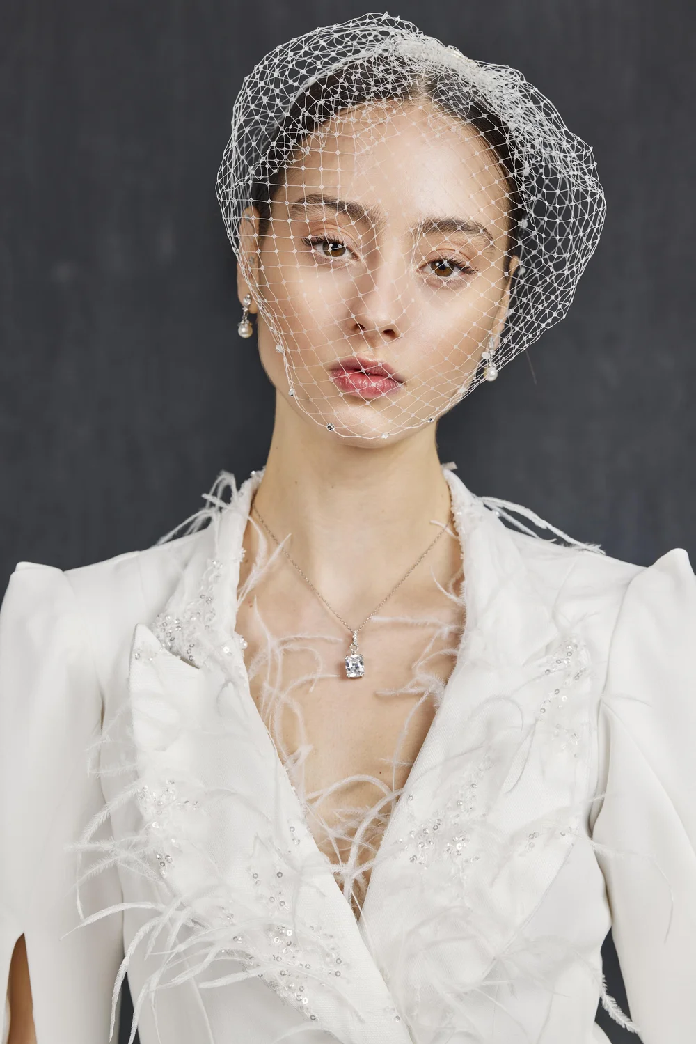 Ivory Birdcage Blusher Bridal Veil with Swarovski Crystals  display picture 2