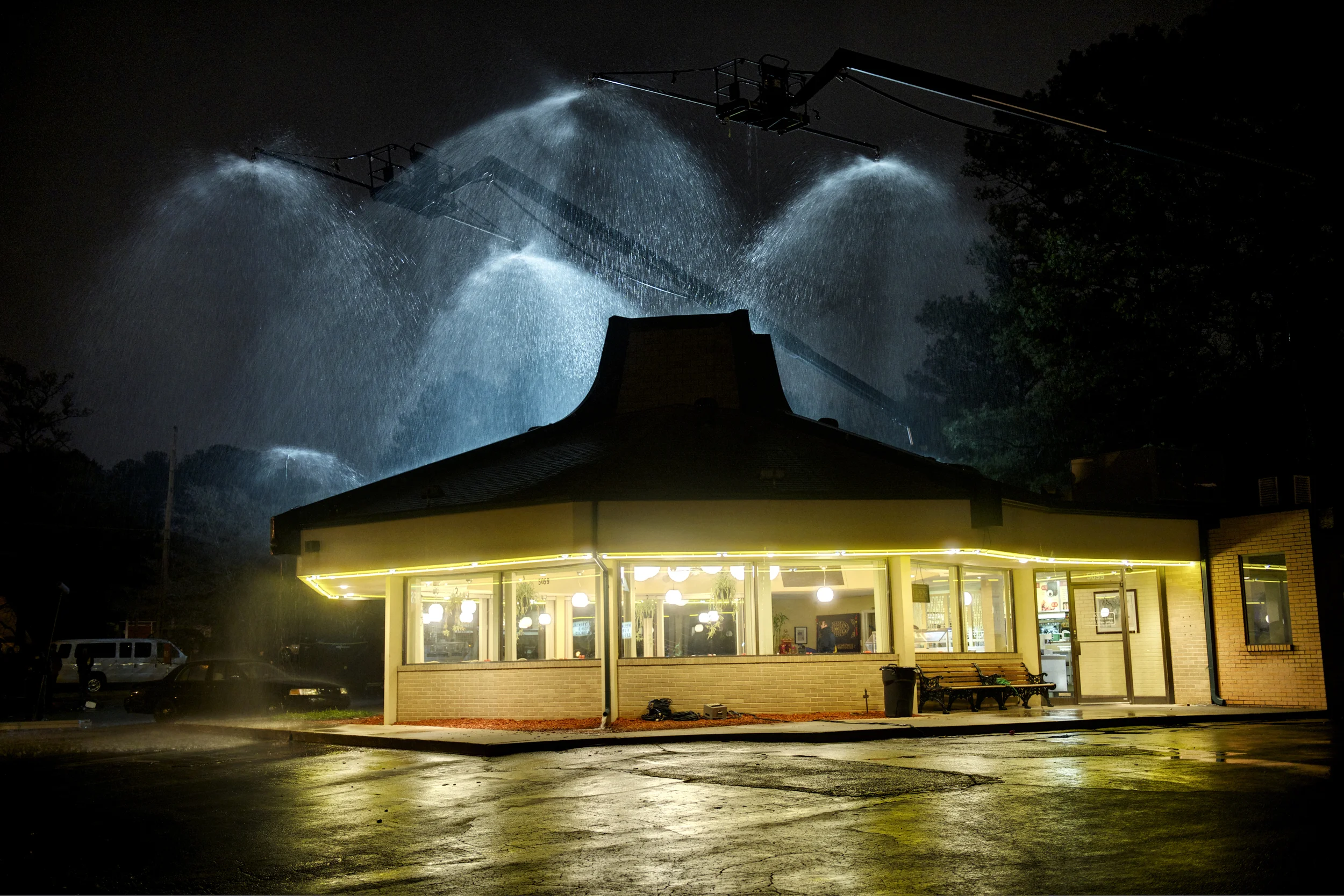 Raintowers outside of the restaurant location where we first meet the character of Detective Loki as played by Jake Gyllenhaal in Prisoners (2013)