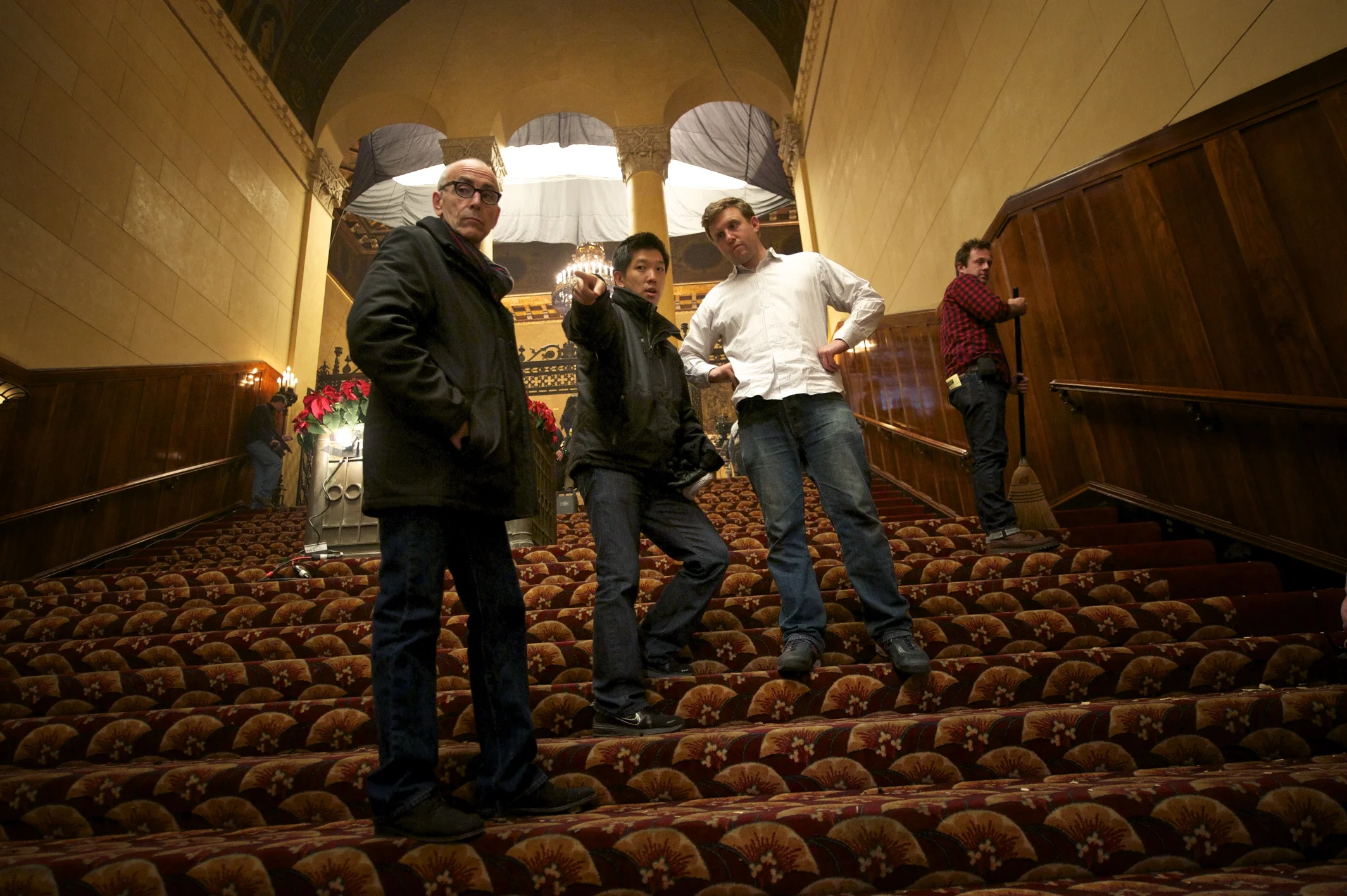Producers Kevin Mccormick and Dan Lin with Director Ruben Fleischer on the set of Gangster Squad (2013)