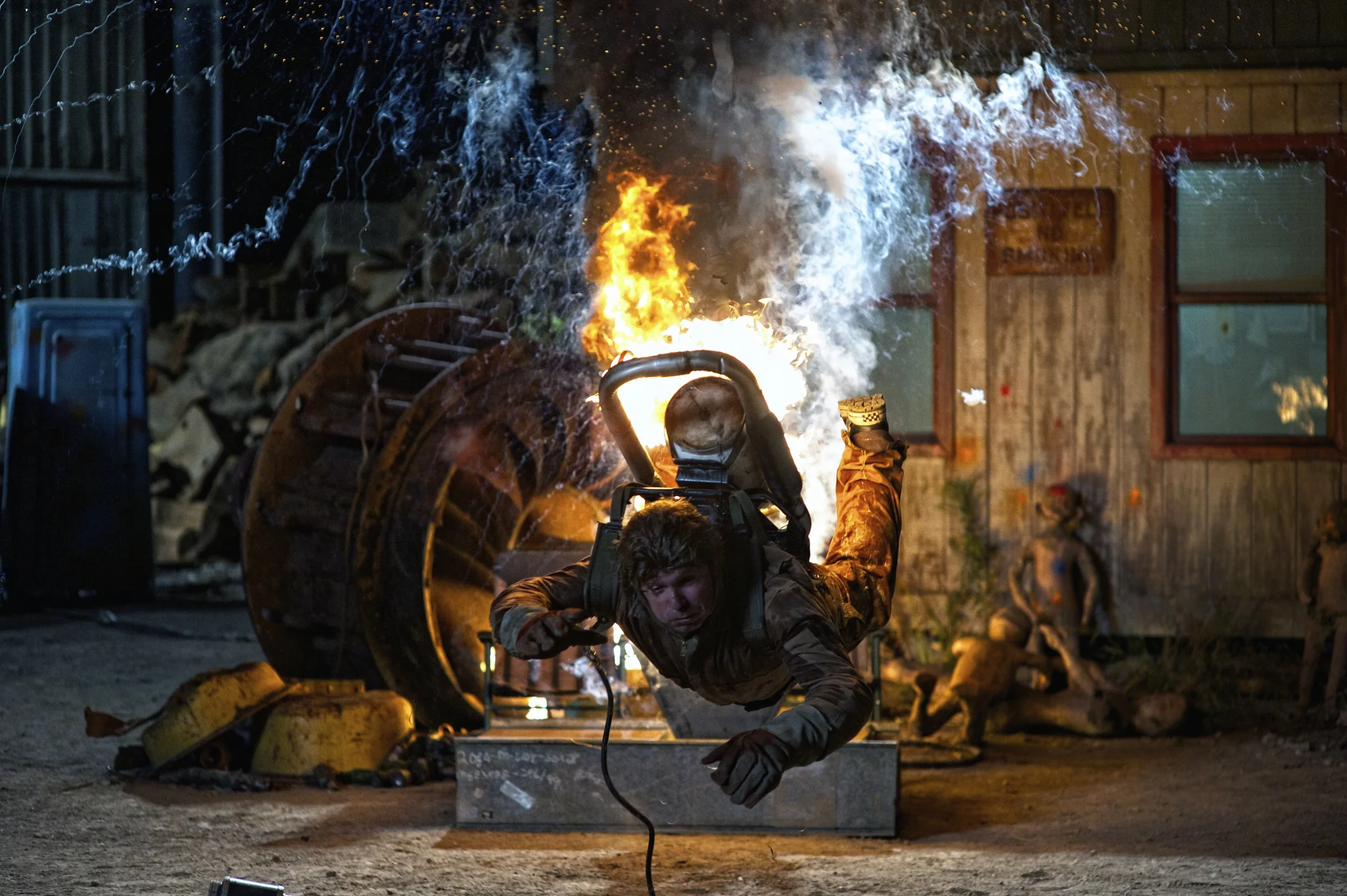 Stunt man flying through the air on the set of 30 Minutes or Less (2011)