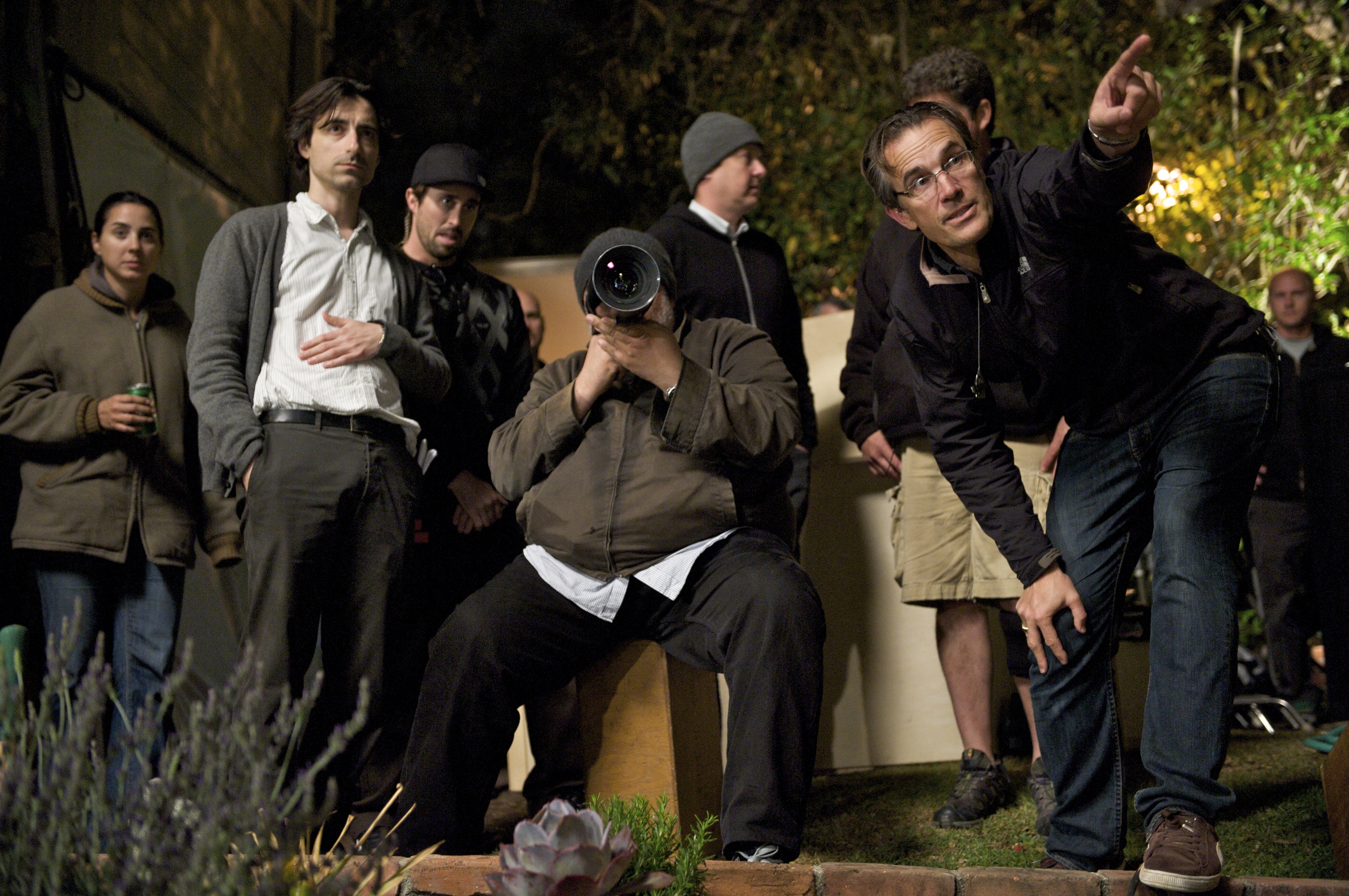 Director Noah Baumbach, Director of Photography Harris Savides, and 1st AD David Webb on the pool set of Greenberg (2010)