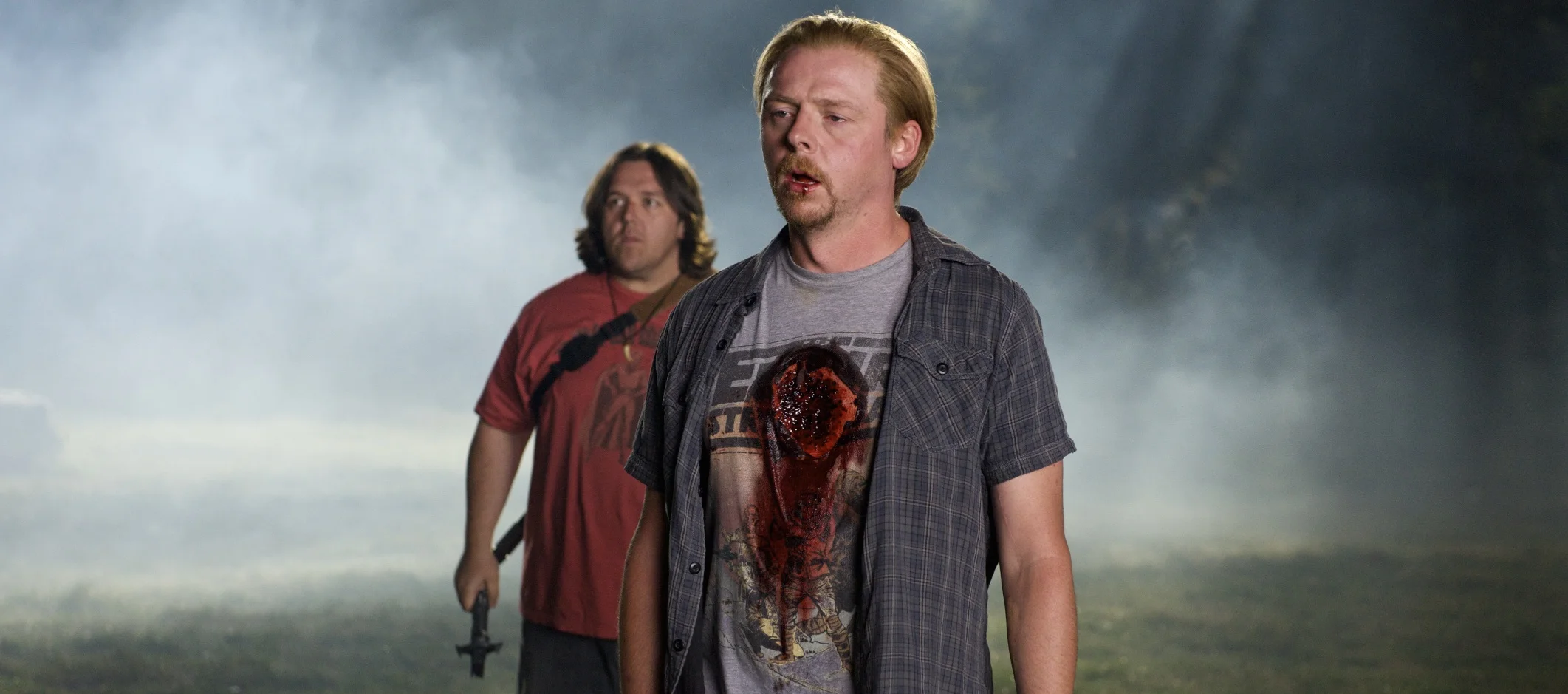 Nick Frost as Clive Gollings and Simon Pegg as Graeme Willy as another Simon character gets shot, on the set of Paul (2011)