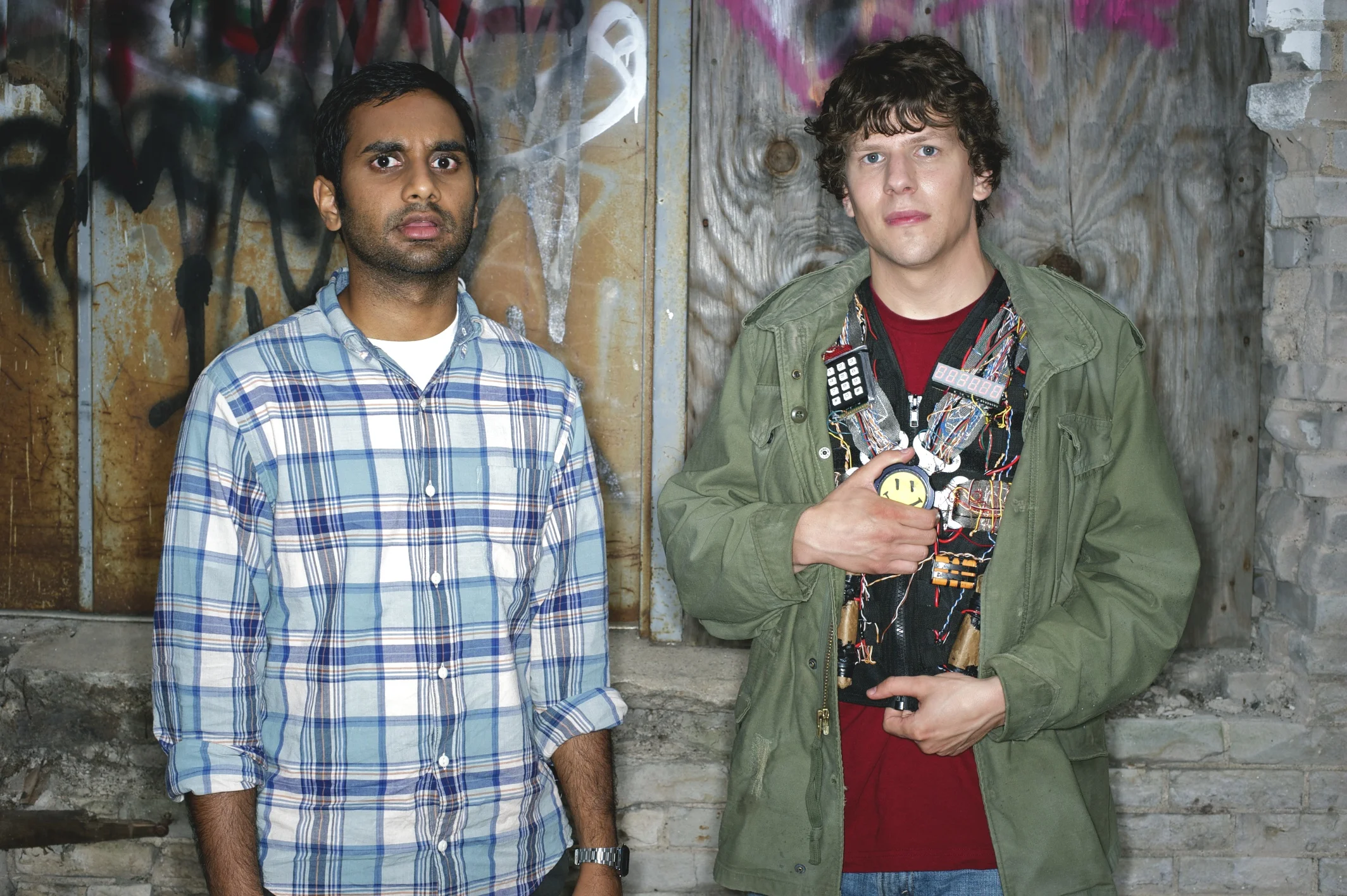 Aziz Ansari and Jesse Eisenberg on the set of 30 Minutes or Less (2011)