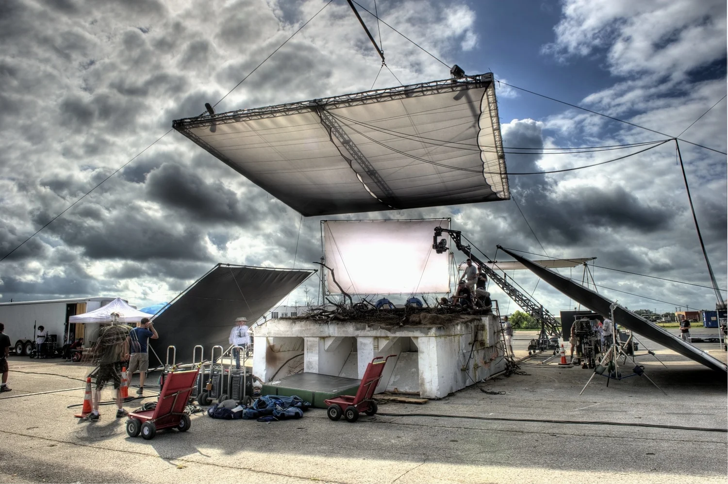 Wide HDR shot of the cave set in a parking lot on True Grit (2010)