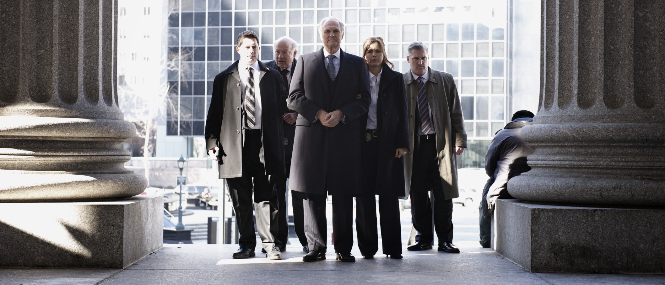 Actor Alan Alda and crew await for the sound of, "Action!" on the set of Tower Heist (2011)