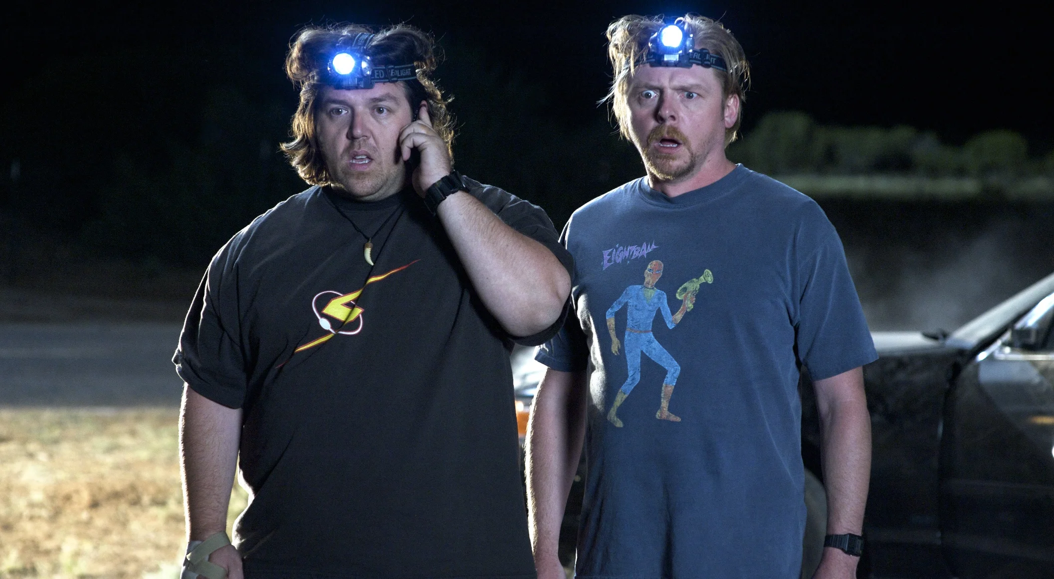 Nick Frost as Clive Gollings and Simon Pegg as Graeme Willy experiencing life from another planet for the first time in Paul (2011)