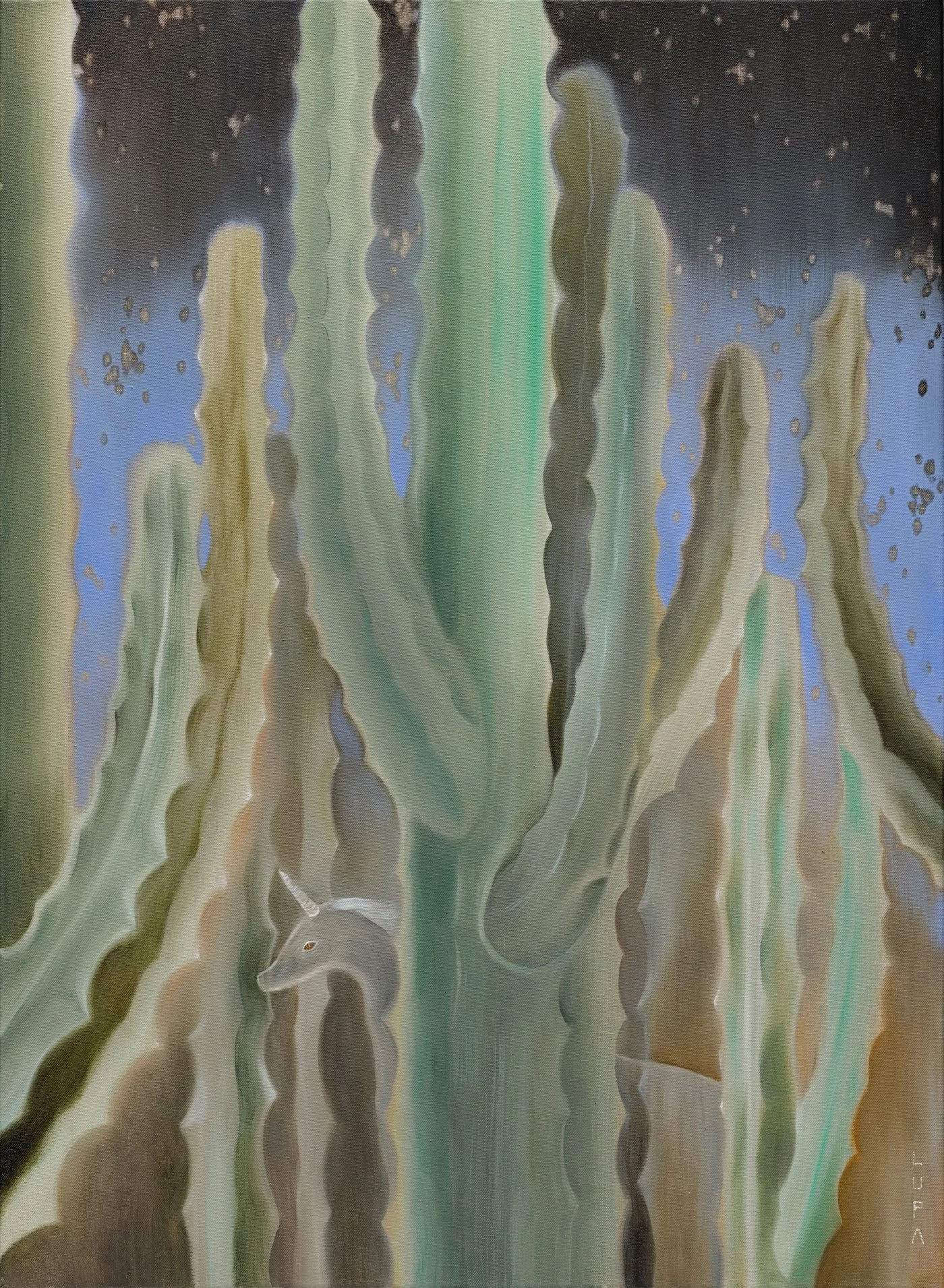  In Cactus Night, the veil between seen and unseen dissolves. Inspired by a visit to Jardin Majorelle in Morocco, the work evokes the quiet liminality of night—where perception softens, and the unknown emerges. Beneath a sky of cotton-bud-bleached st