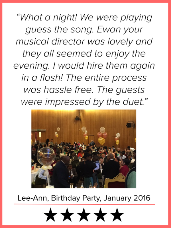 What a night! We were playing guess the song. Ewan your musical director was lovely and they all seemed to enjoy the evening. I would hire them again in a flash!