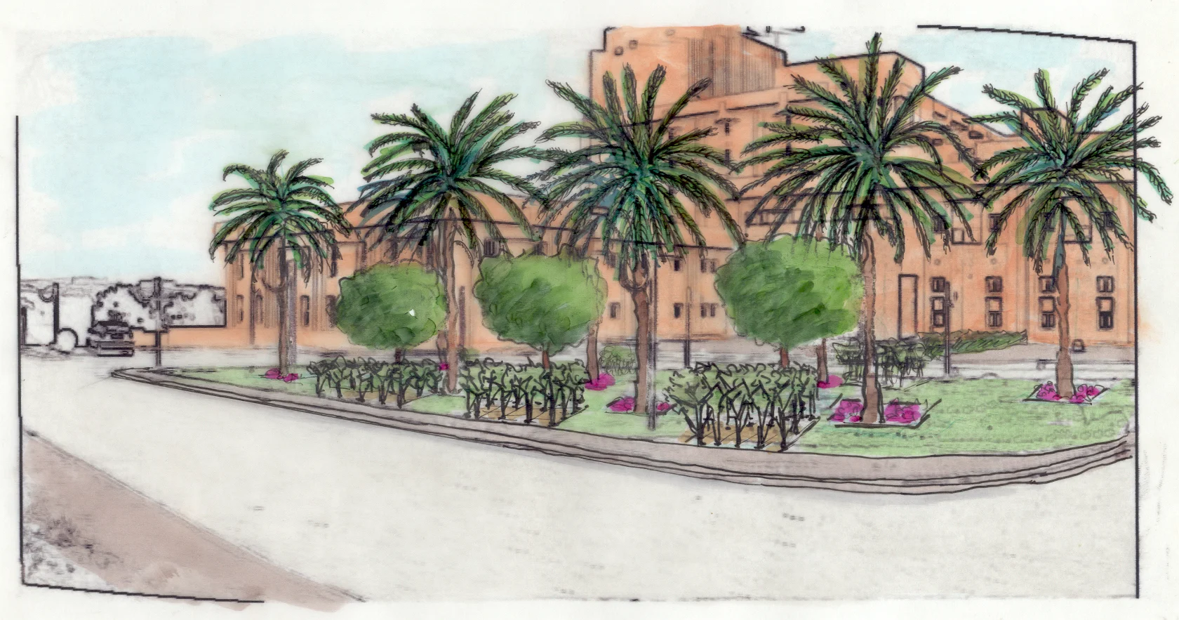 An association of Phoenix dactylifera and olive trees adorn this space by combining the scale of the building to the horizontality of the place. The regular layout creates a transition between the layout of the entrance and the style of the traditional garden. The roses would reinforce the game of visual barriers and of the transparency, while revealing the identity of the specific characteristics, of the nuances of aromas and of the delicacy of the gardens of the houses of Tunis.