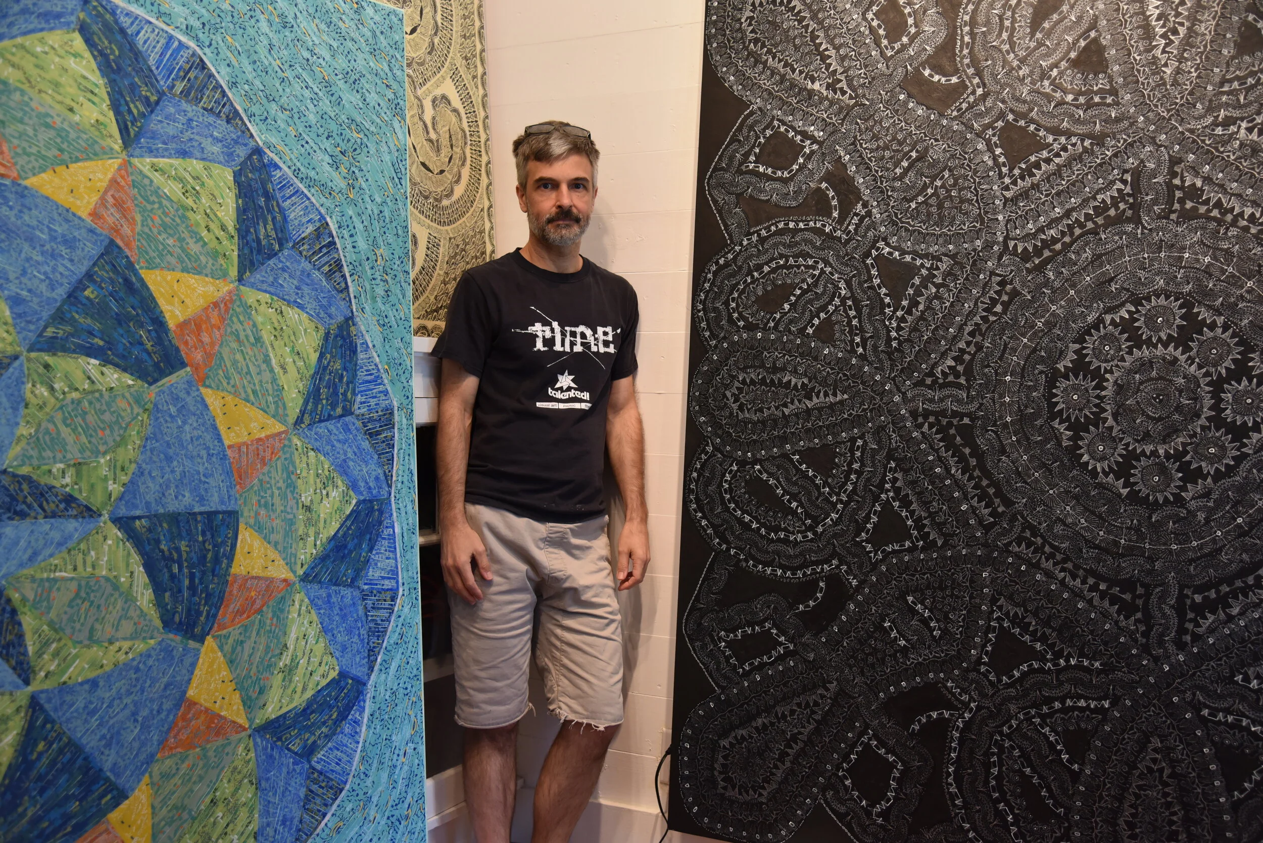 I’ve been making collages for over 20 years. The work is constructed from thousands of pieces of cut or shredded product labels, vintage ledgers, illustrated book pages, and most recently, painted and hand printed paper. Using repetition and intuition guided by original designs, I explore the infinite possibilities of radial form, symmetry, and pattern. Influences include the history of textiles, outsider art, and indigenous folk art. I am from a small south Louisiana town in the US where the history of the Acadian people is prevalent. The perseverance, humbleness, and resourcefulness of this culture also has a deeply rooted influence on the work I make.