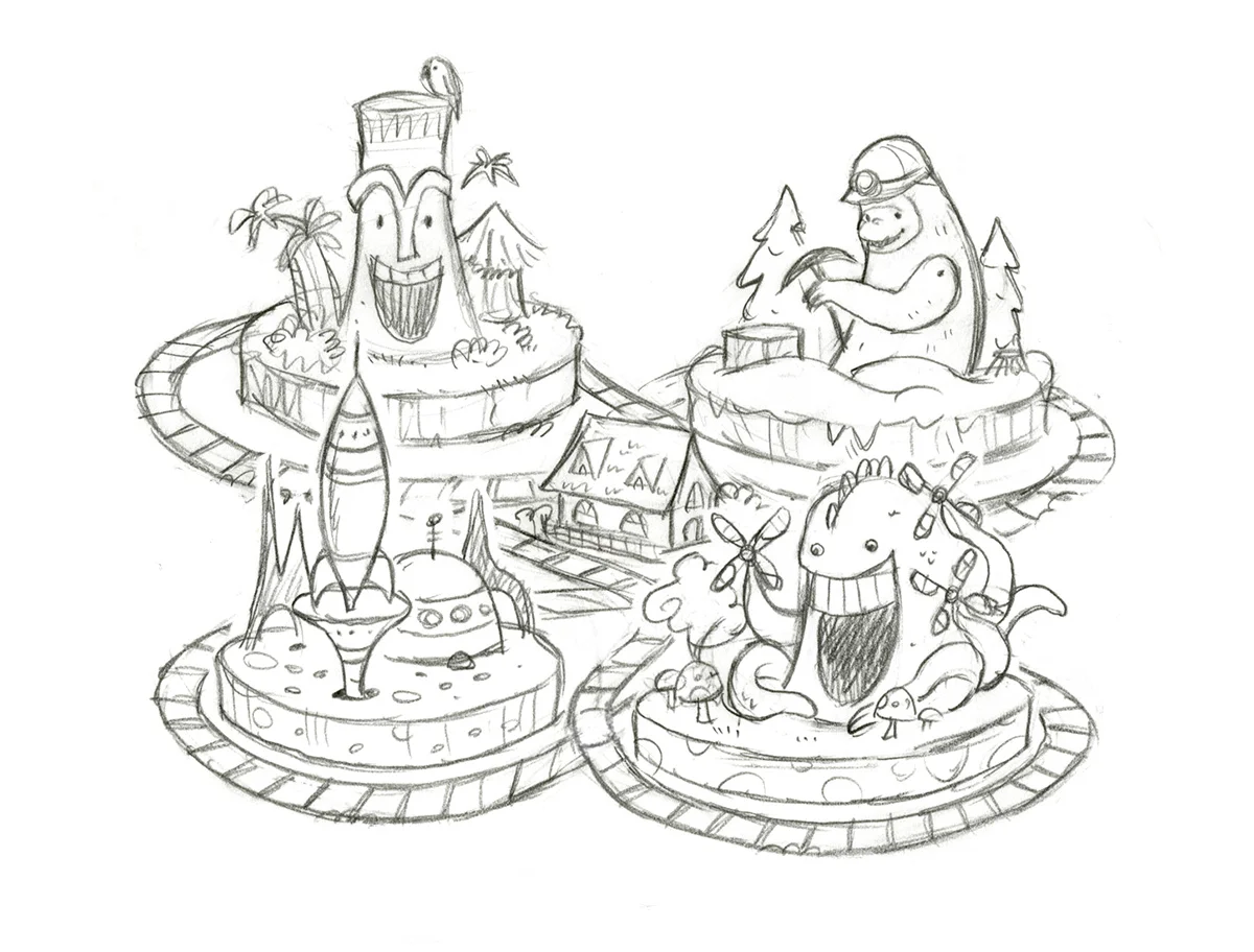 Concept sketch / Curious George Train Adventures iOS game Agency: Smashing Ideas Client: Houghton Mifflin Harcourt (2016)