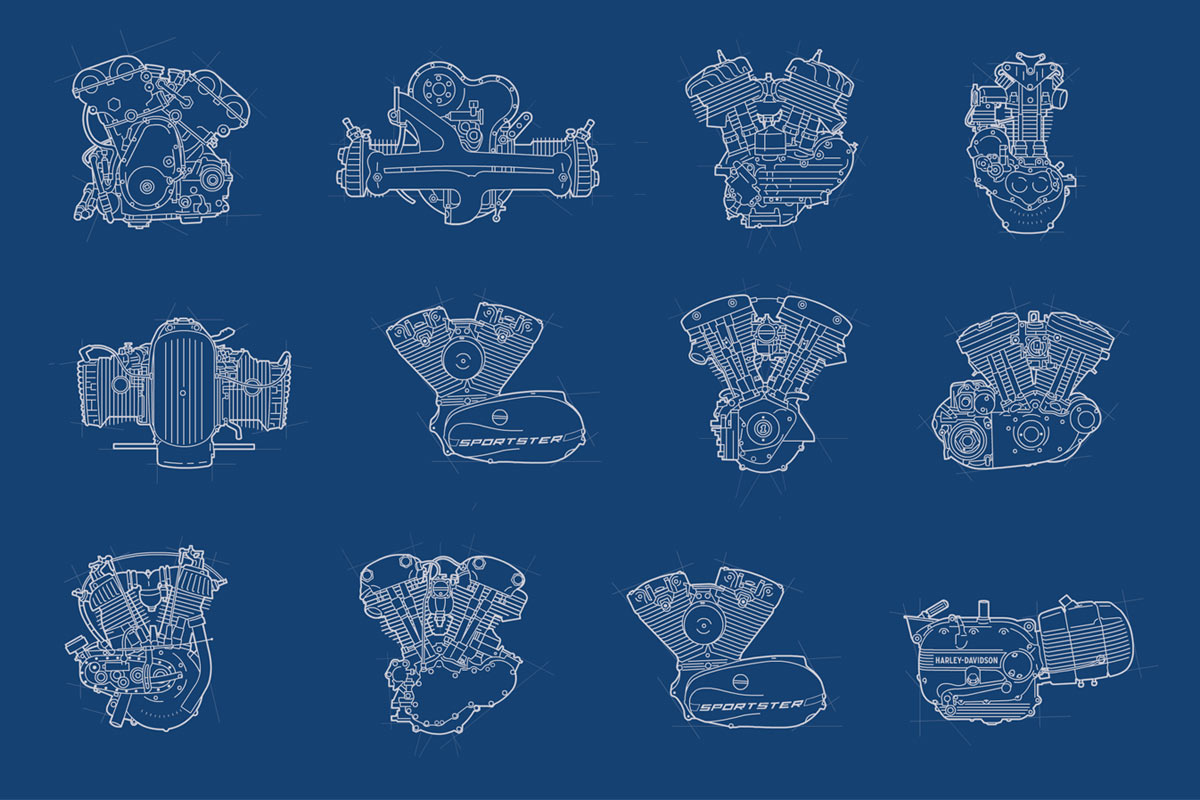 Vector diagrams / Engine Wall exhibit Agency: Belle & Wissell Client: Harley Davidson Museum (2007)