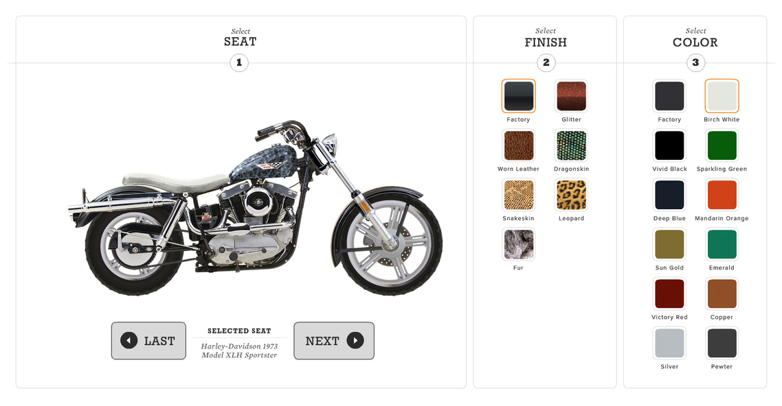 Interface with illustrated bike components / Custom Bike Build interactive game Agency: Belle & Wissell Client: Harley-Davidson Museum (2008)