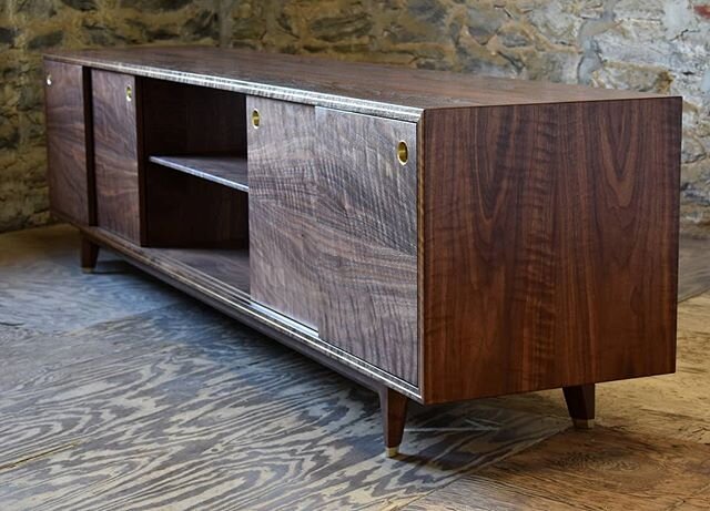 Difficult to photograph this 9' long Walnut media console without a large space. I was literally shooting down a hallway for this shot. Can't wait to start on another one of these. The hunt for a beautiful set of Walnut boards is always fun! The bar 