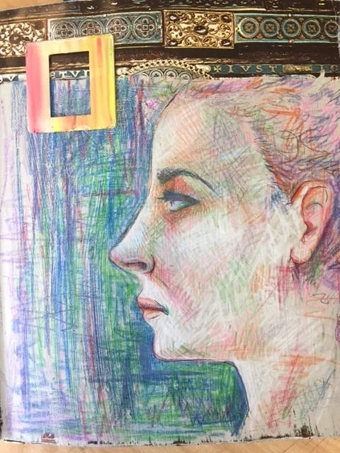  colored pencil, mixed media  deconstruction book page 