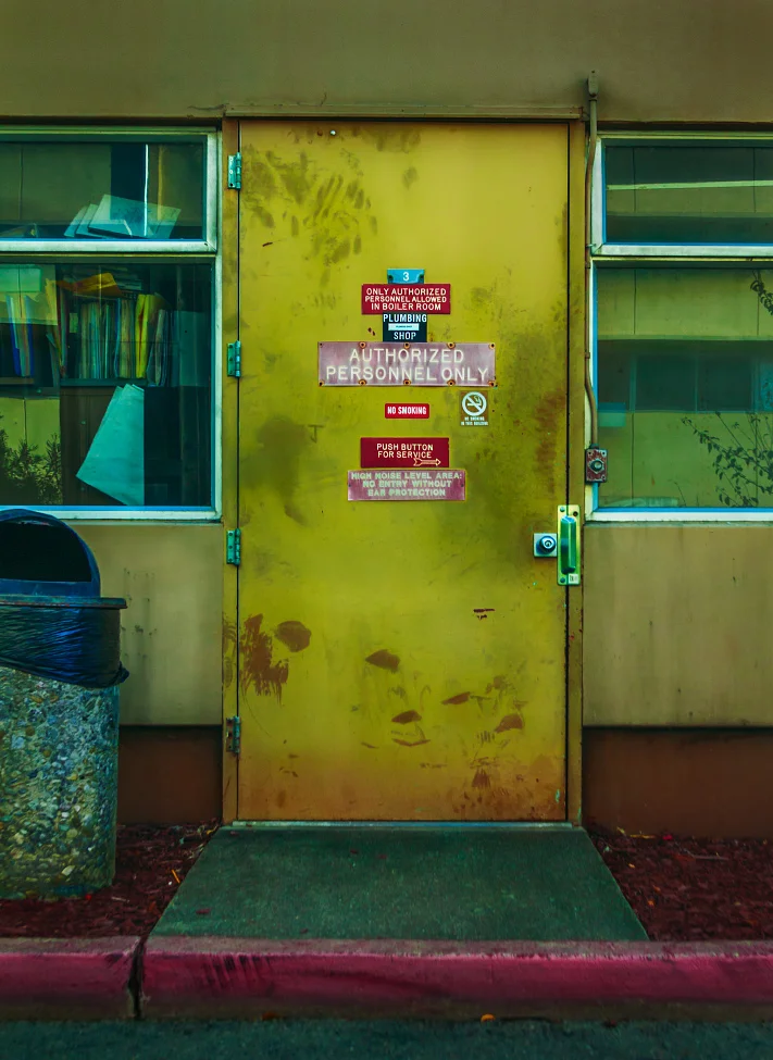 |#14| Pistachio In between the redwood bark and aggregate trashcan, a mysterious mechanistic portal to the unknown. Dare to ring the door bell? Only the authorized may enter.