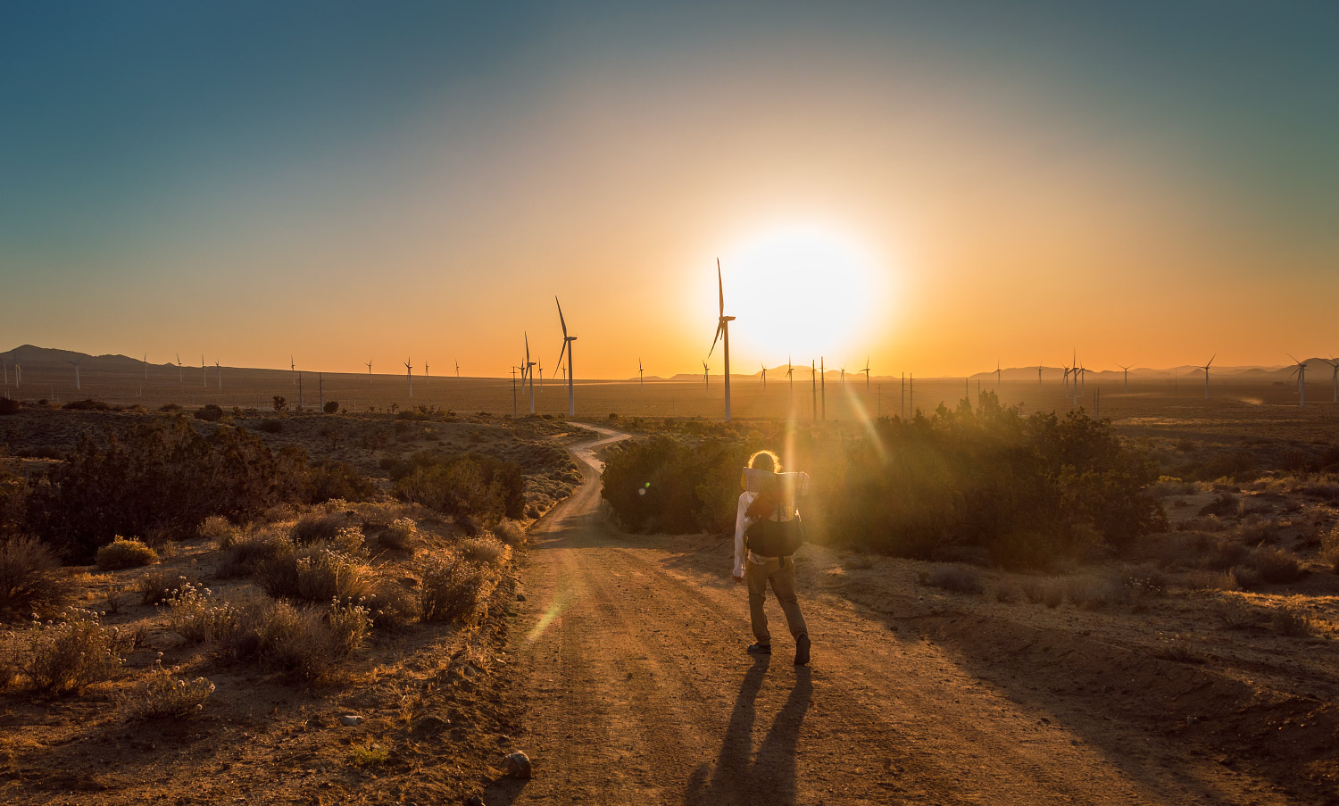 Sunset over California wind farm on the Pacific Crest Trail; 2018.