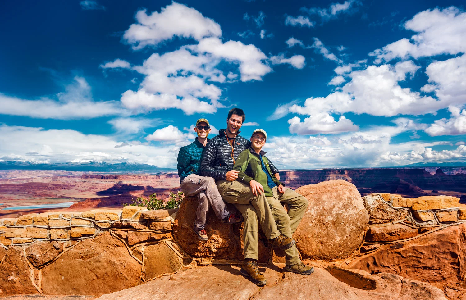 Justin Kernes, Carter Smith, and Caleb Jennings pose for a group photo at Dead Horse Point State Park, Utah.