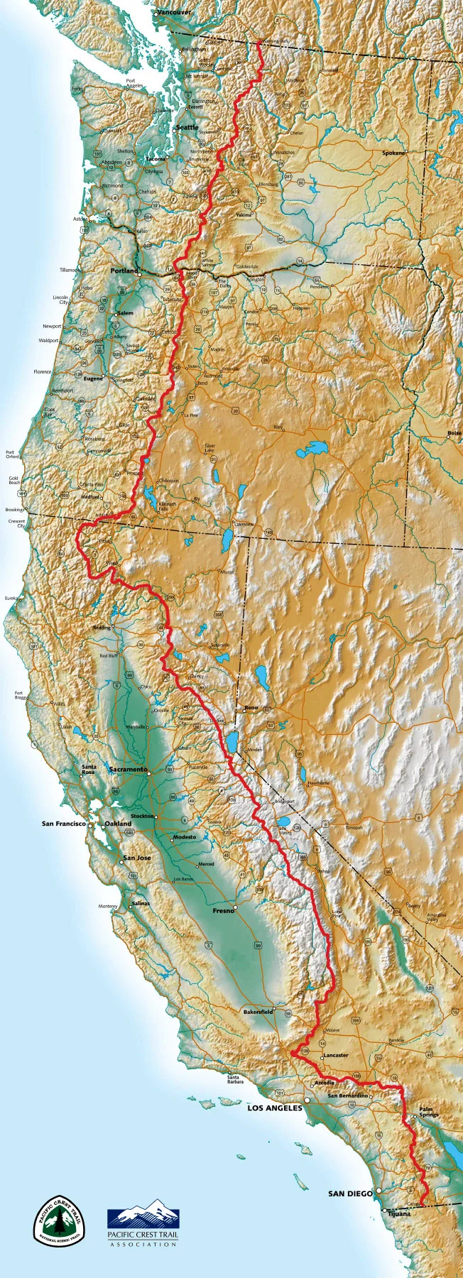 An overall map of the PCT. Photo Courtesy Pacific Crest Trail Association.