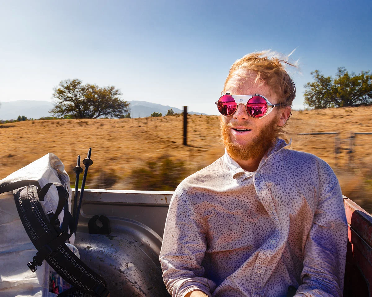 Adam hitches in a pickup truck on Highway 79, mile 109.5.