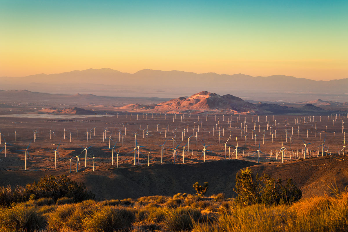 A Mojave sunrise and the last of the wind farms.