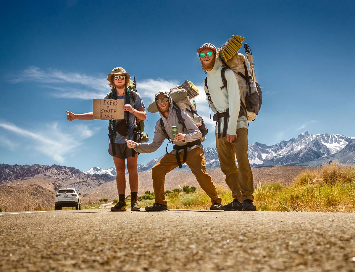 “Trash Bath”, “Tiny Slice”, and “Shocks” try to hitch to South Lake, Bishop, California.