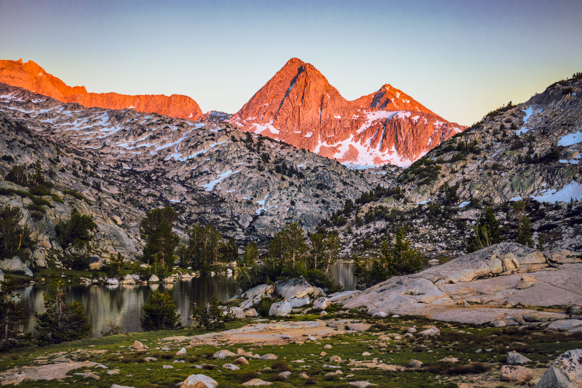 Sunset over The Hermit from Evolution Lakes, mile 844.4.