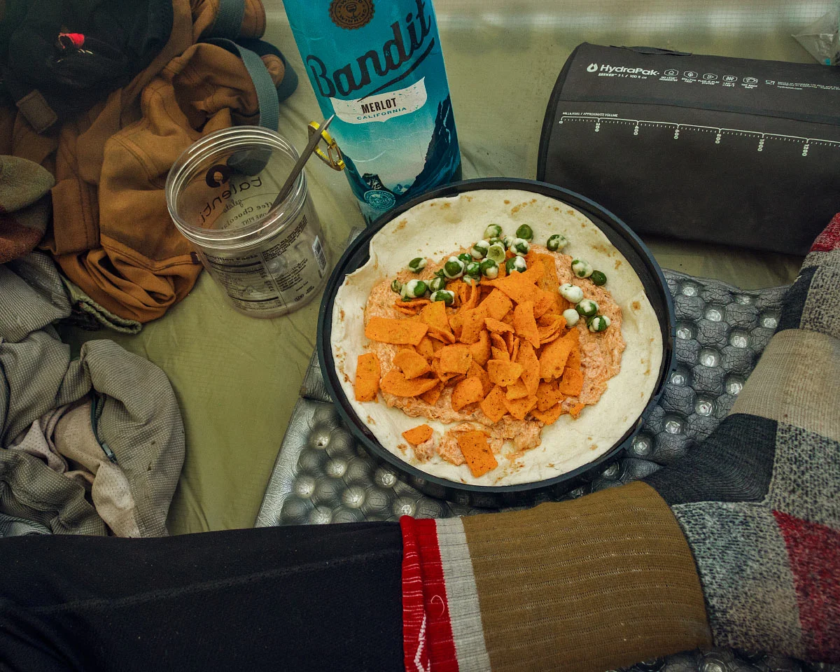 Tuna taco with wasabi peas and chili cheese Fritos.