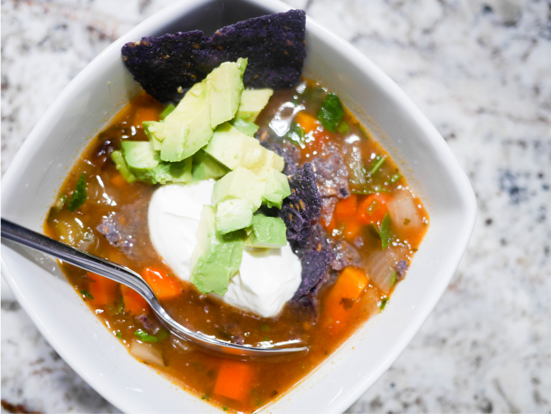 Serve with avocado, tortilla chips and sour cream.