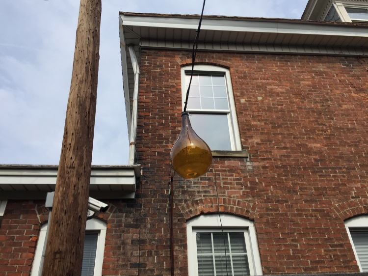 Hand blown glass lights made from beer bottles ~ Yellow Brick Pizza, Olde Town East, Columbus OH