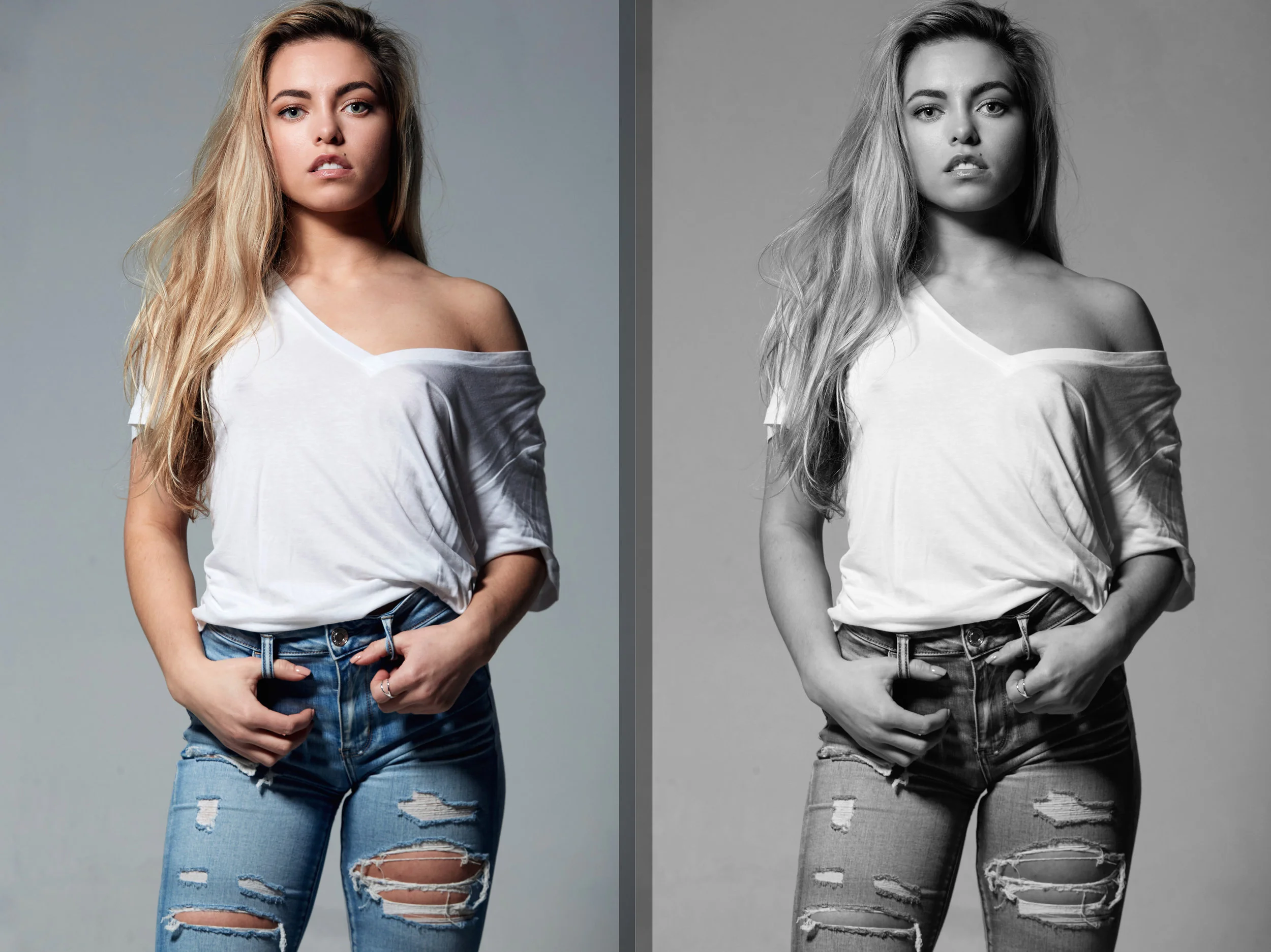 A simple one light setup with a 7' parabolic umbrella (+diffusion) feathered and elevated. While this look often utilizes fill light or reflection, in this case we wanted a stronger shadow. The look is clean and classic, in color or black and white. Our studio infinity-wall completes the look. 