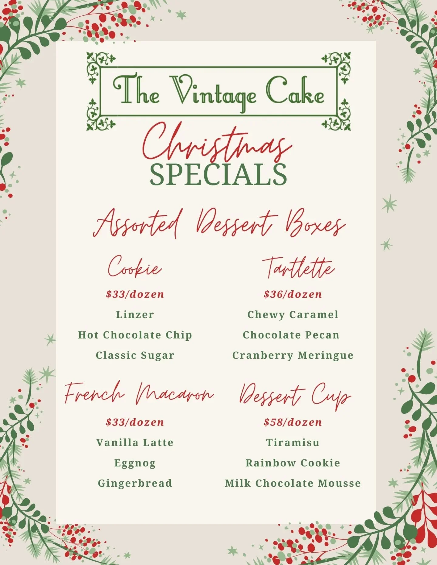 🎄 Christmas Specials are here!! 🎄 We got a great line up of desserts and some specialty cakes! 

Deadline: 12/17
Order: Link in Bio
