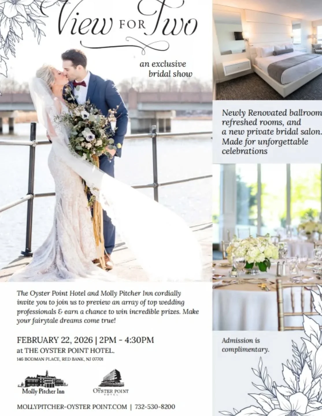 Attention all couples! We will be at the "View For Two" at the Oyster Point this Sunday! Register today! Admission is complimentary, so bring your whole wedding planning crew!