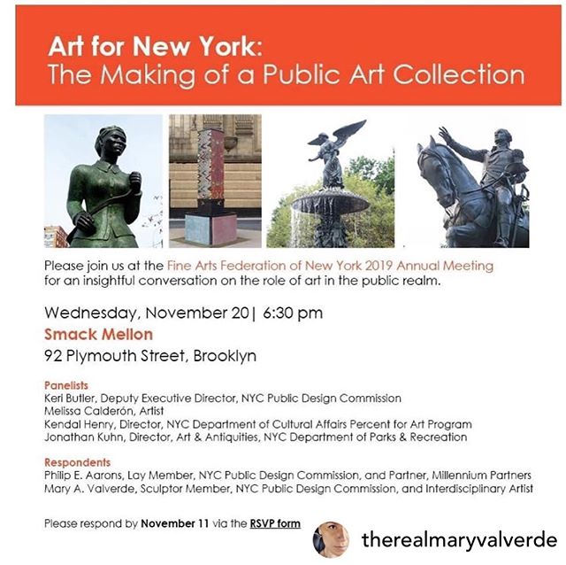 Join me as I discuss Para Roberto! &bull;
RePosted &bull; @therealmaryvalverde **New Location** Wed. 11/20 6:30pm ☆ at The Fine Arts Federation of NY 2019 Annual Meeting [ Art For NY: The Making of a Public Art Collection] @smackmellon
&bull;
On Wedn