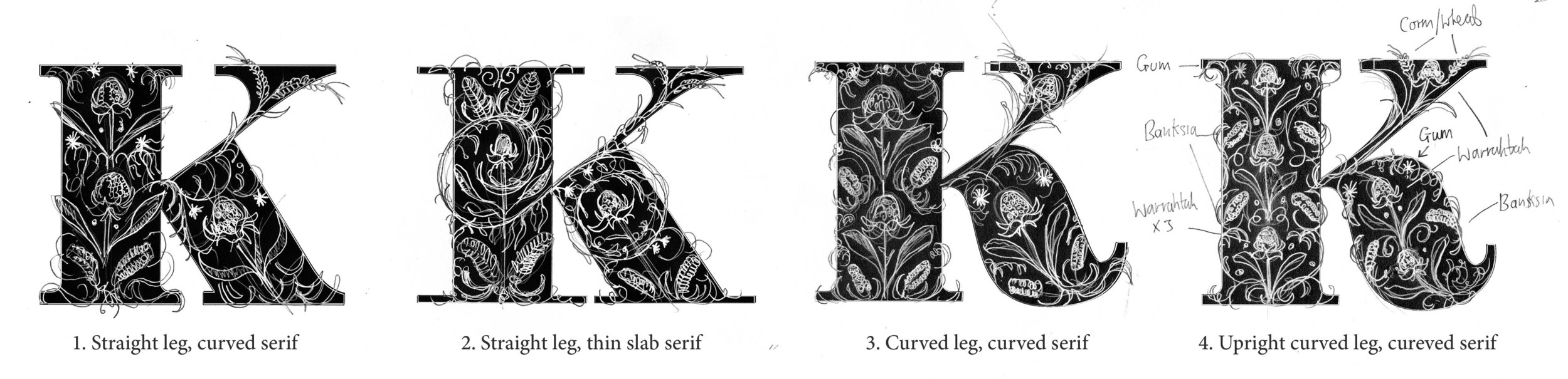Early stage sketches exploring the various letterforms