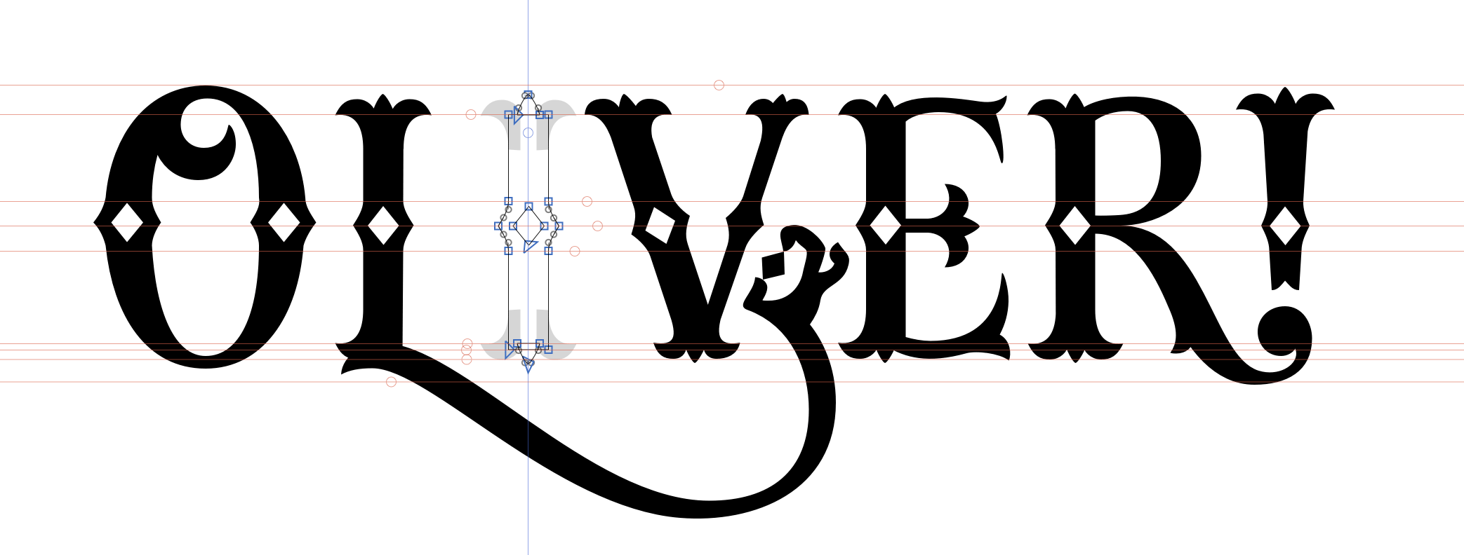 The lettering in Glyphs application showing ‘component serifs’ (in grey)